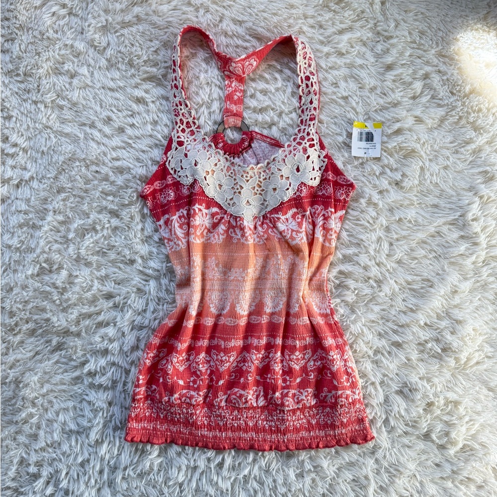 Self-Esteem Red and White Lace Trim Top